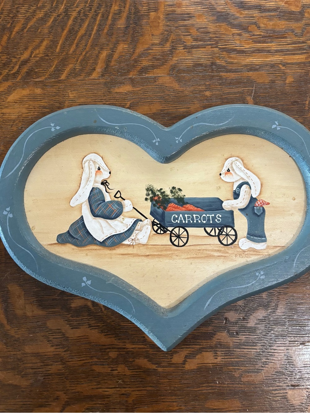 Vintage Blue and Cream Heart Plaque with Bunny Carrot Wagon